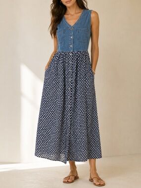Vintage True Blue Denim Floral Button Front Sleeveless Midi Dress Size Medium